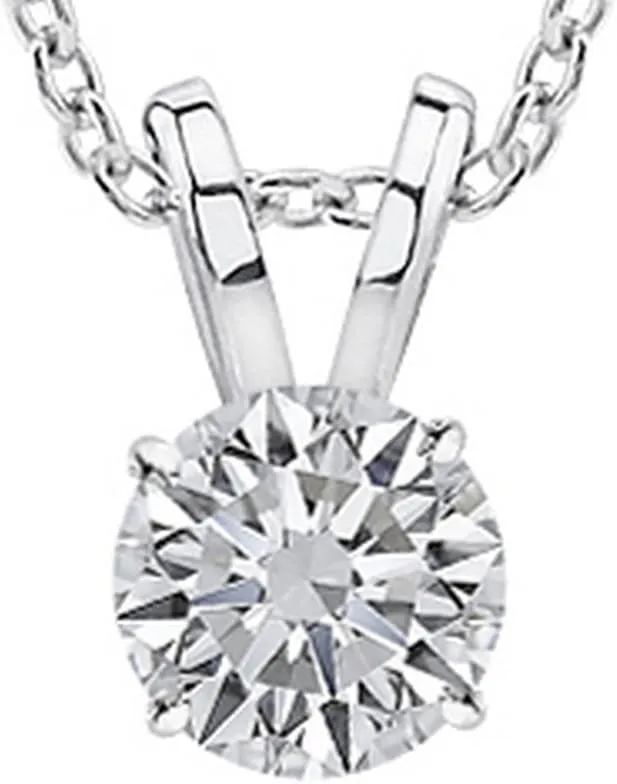 0.5 Carat 14K White Gold Round Diamond 4 Prong Solitaire Pendant Necklace K Color I2 Clarity w/ 18" Silver Chain
