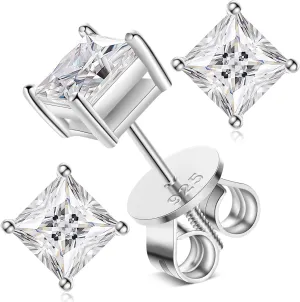 0.8-5ct Princess Moissanite Earrings for Women Men, Lab Created Diamond Stud Earrings Solid 925 Sterling Silver 18K White Gold Plated Princess Cut Moissanite Screw Back Solitaire Earrings Studs
