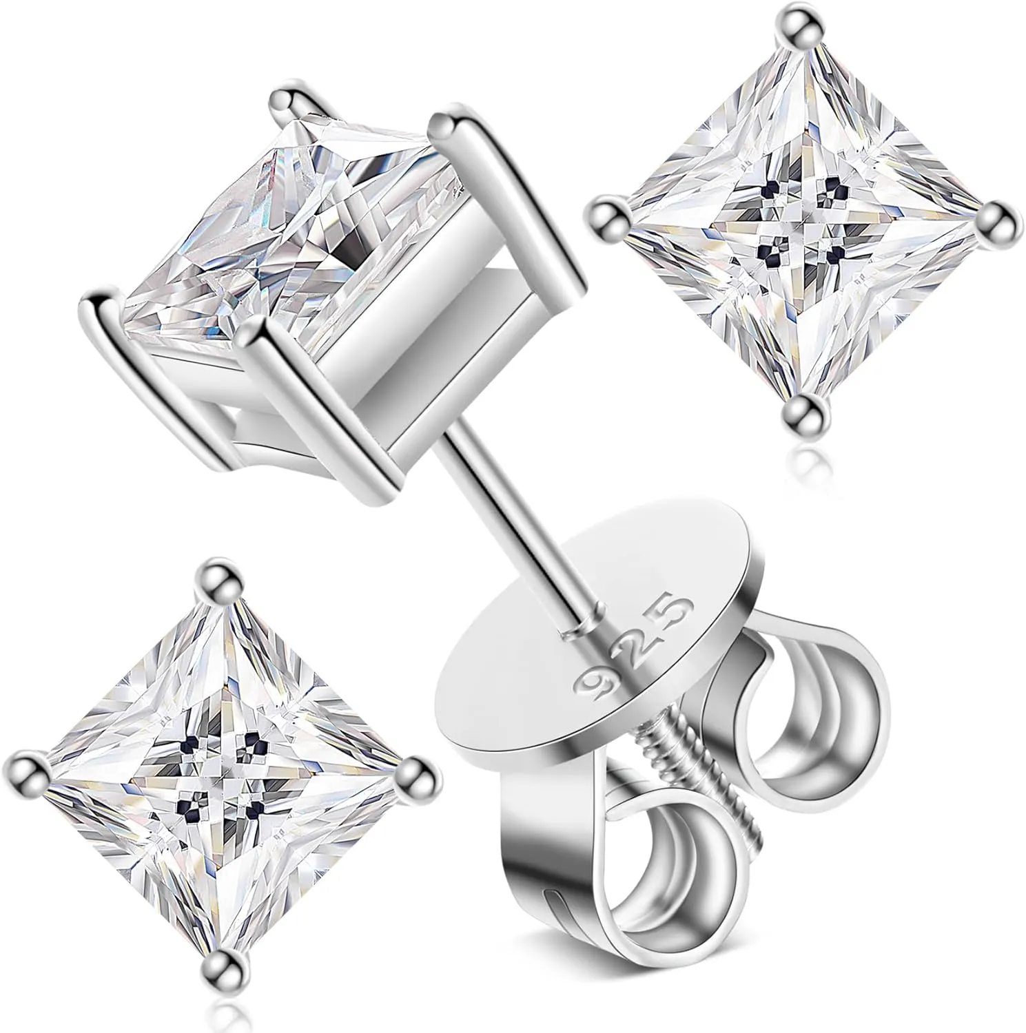 0.8-5ct Princess Moissanite Earrings for Women Men, Lab Created Diamond Stud Earrings Solid 925 Sterling Silver 18K White Gold Plated Princess Cut Moissanite Screw Back Solitaire Earrings Studs