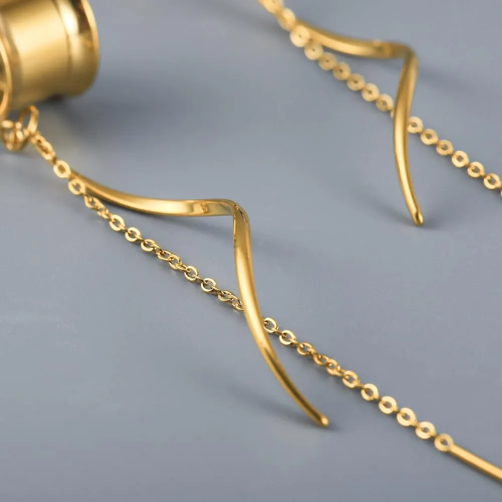 1 Pair Double Horn Chain gauges Earrings Dangle Plugs Tunnels Hypoallergenic Stainless Steel Ear Gauges 00G 8mm-25mm (0G-1") Body Piercing Jewelry
