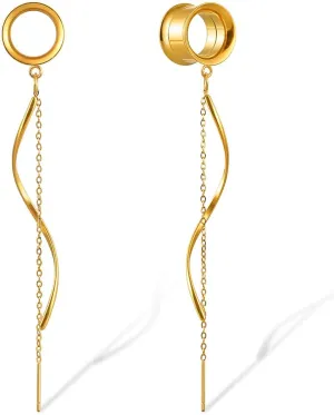 1 Pair Double Horn Chain gauges Earrings Dangle Plugs Tunnels Hypoallergenic Stainless Steel Ear Gauges 00G 8mm-25mm (0G-1") Body Piercing Jewelry