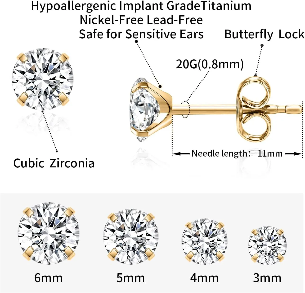 1 Pair Implant Grade Titanium Stud Earrings Set Hypoallergenic 3-6mm Cubic Zirconia Earrings for Women Girls for Men for Sensitive Ear