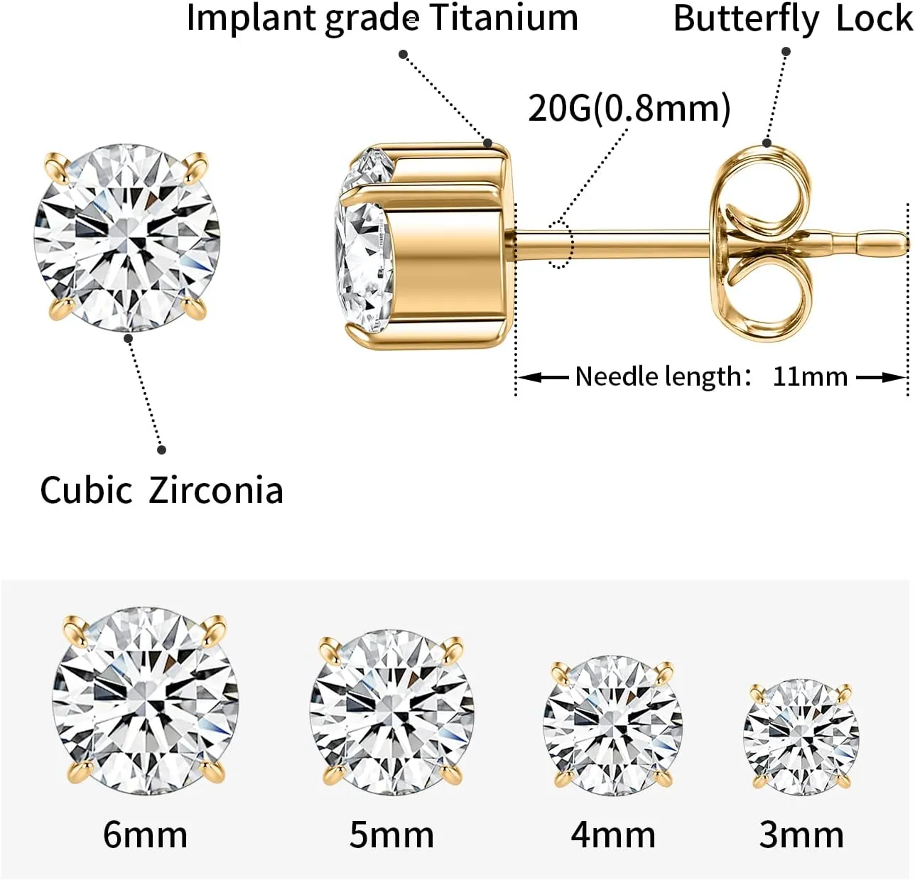 1 Pair Implant Grade Titanium Stud Earrings Set Hypoallergenic 3-6mm Cubic Zirconia Earrings for Women Girls for Men for Sensitive Ear