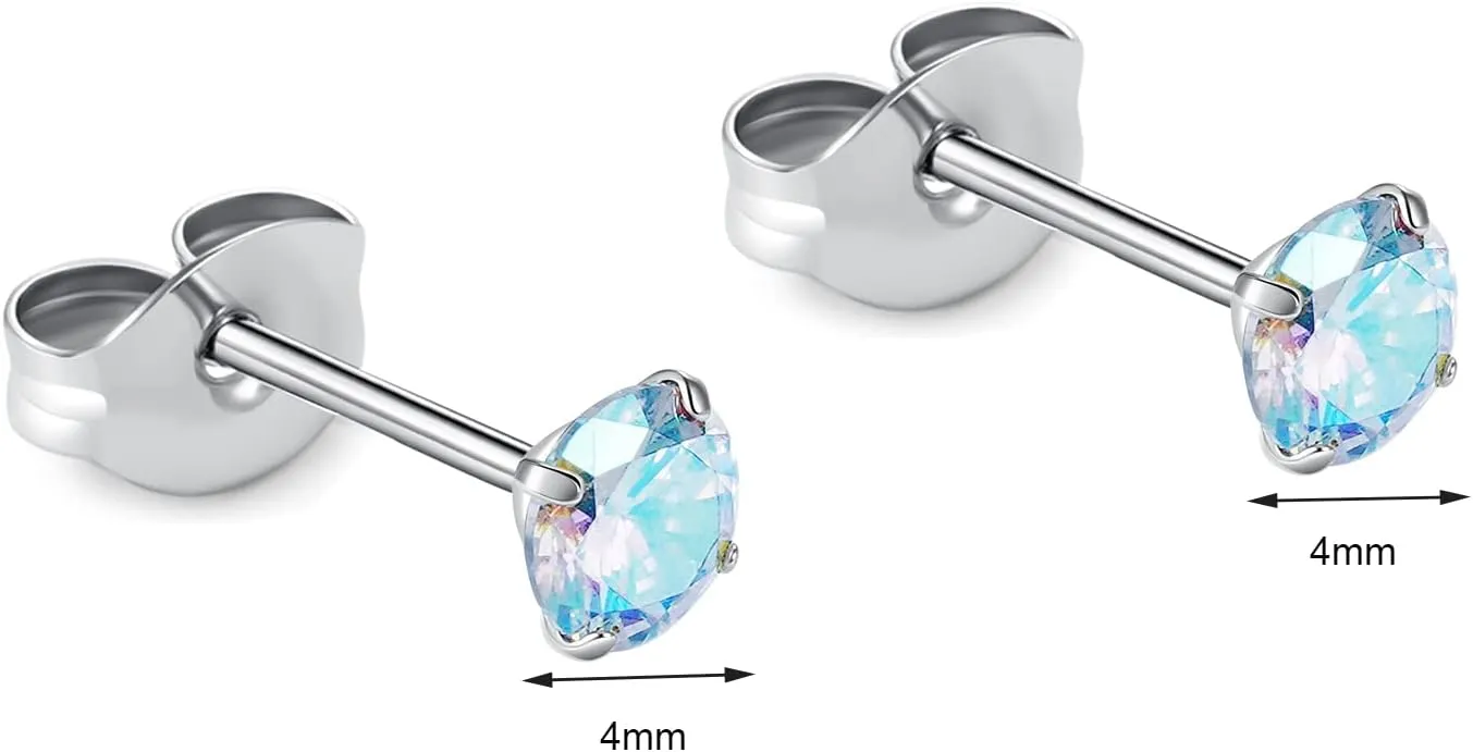 1 Pair Implant Grade Titanium Stud Earrings Set Hypoallergenic 3mm 4mm 5mm 6mm Cubic Zirconia G23 Titanium Earring Studs for Women Men for Sensitive Ear