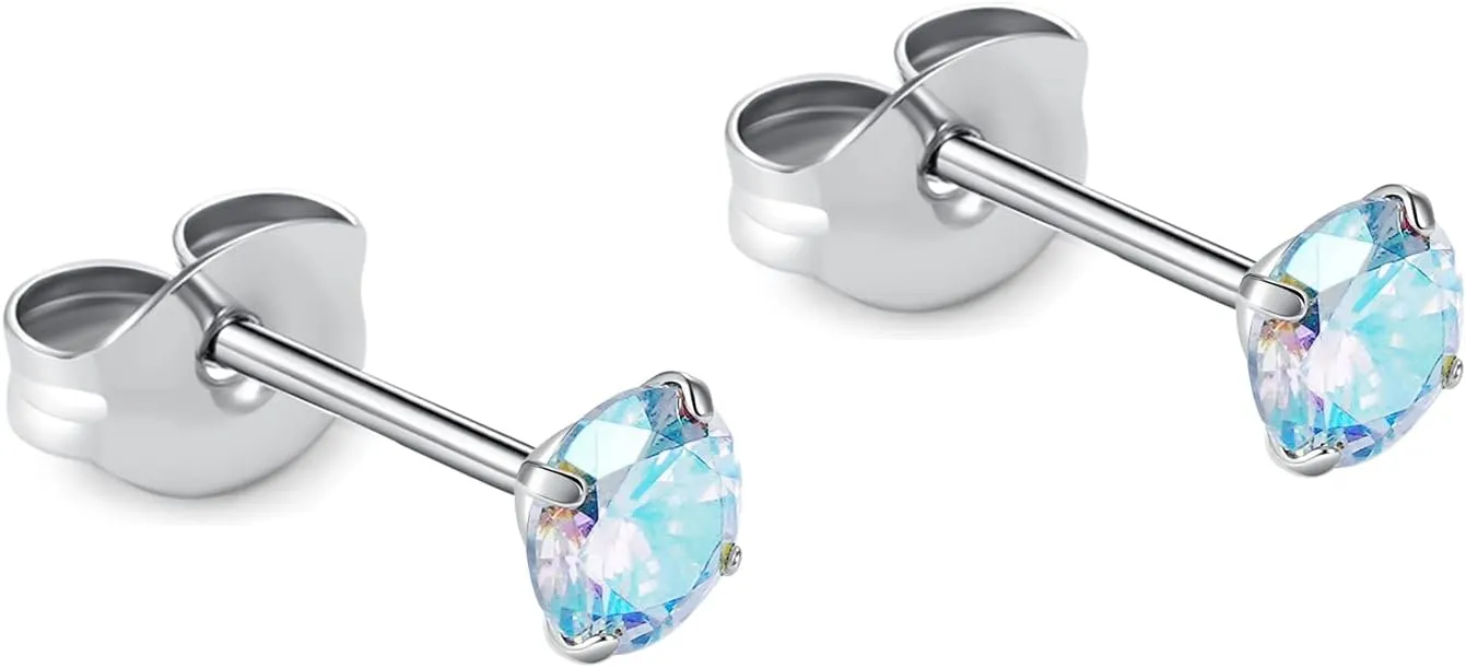 1 Pair Implant Grade Titanium Stud Earrings Set Hypoallergenic 3mm 4mm 5mm 6mm Cubic Zirconia G23 Titanium Earring Studs for Women Men for Sensitive Ear