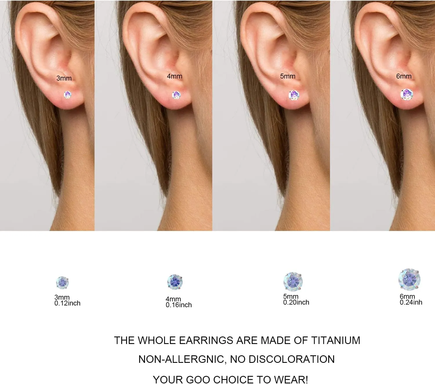 1 Pair Implant Grade Titanium Stud Earrings Set Hypoallergenic 3mm 4mm 5mm 6mm Cubic Zirconia G23 Titanium Earring Studs for Women Men for Sensitive Ear