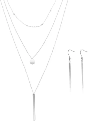 1 Set Stainless Steel Triple Layered Necklace Bead Chain Collars Long Necklace Chokers Coin Long Bar Pendant Necklaces Collars and 1 Pair Bar Pendant Earrings for Women Gift
