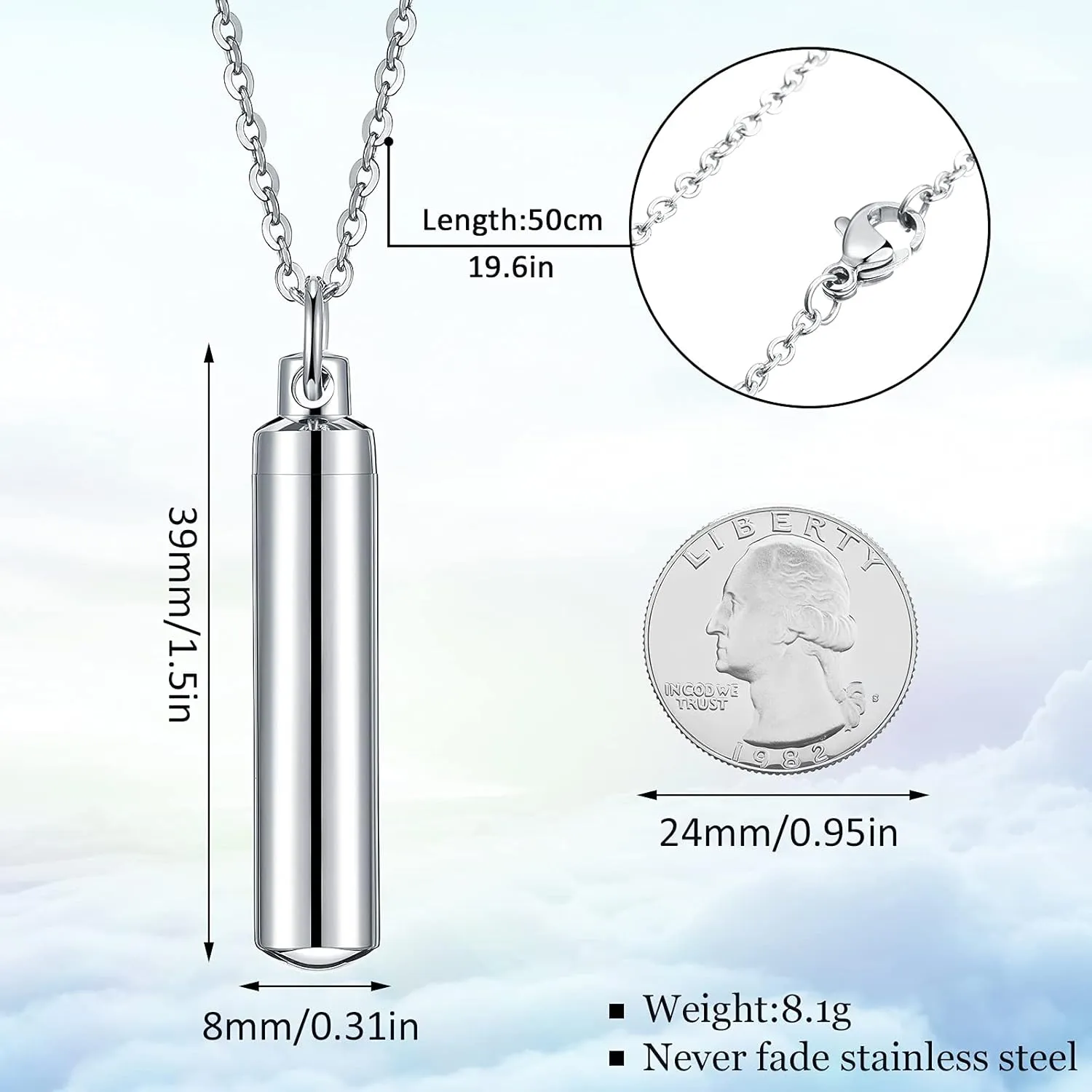 10 Pieces Urn Necklace for Ashes Cremation Cylinder Memorial Stainless Steel Memorial Pendant for Women Men Loved Ones (Silver)