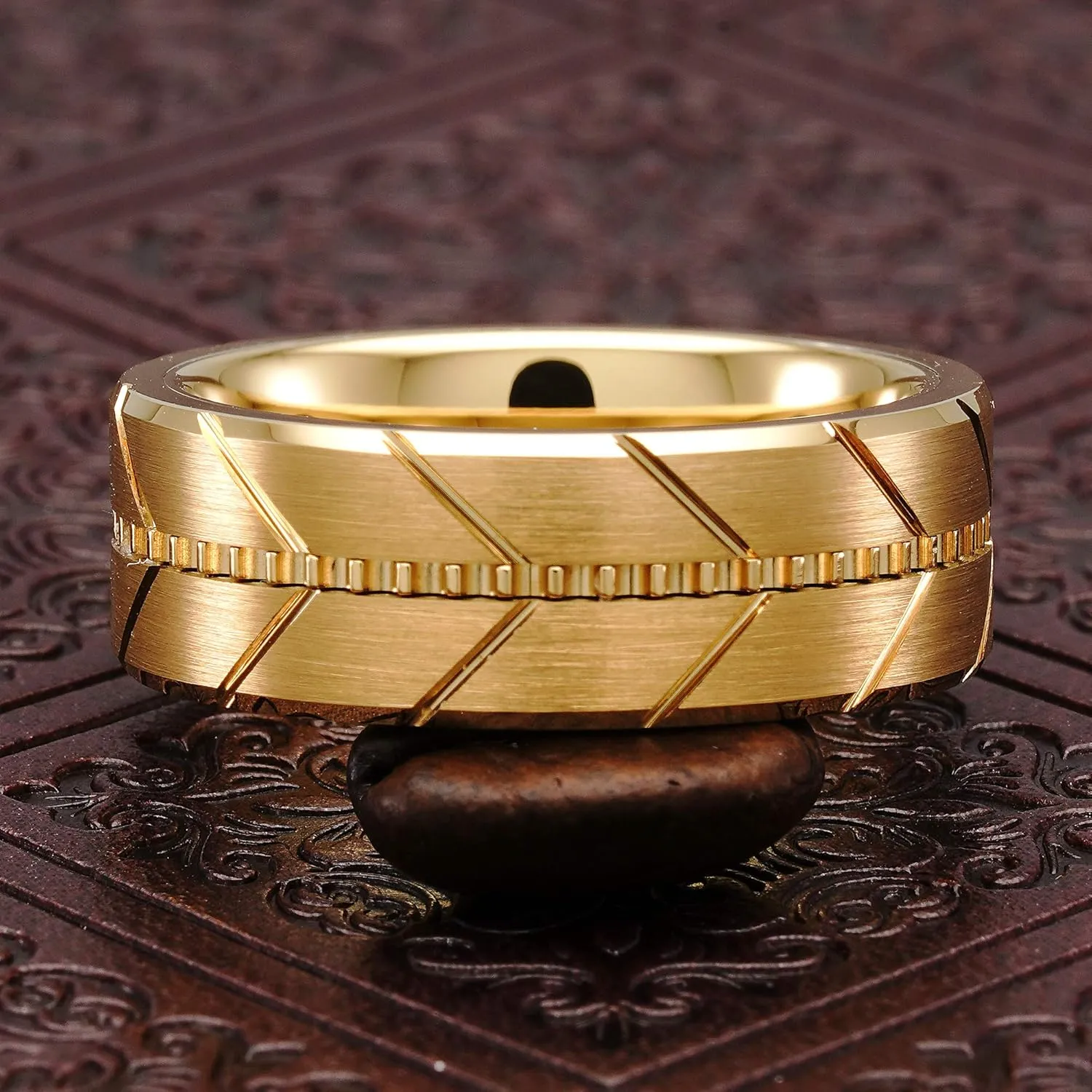 100S JEWELERY Personalized Engraved Tungsten Carbide Rings Gold Manly Wedding Bands Milgrain Style Beveled Edge Size 6-16
