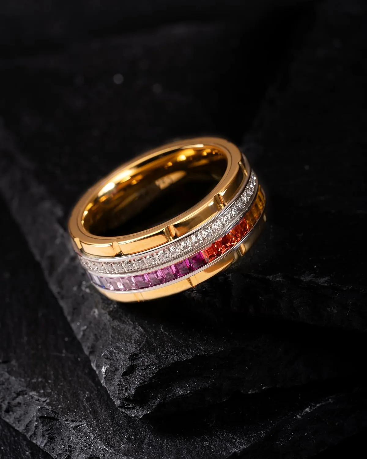 100S JEWELRY 10mm Gold Tungsten Rings For Men Rainbow & Clear CZ Moissanite Wedding Promise Band Size 6-16