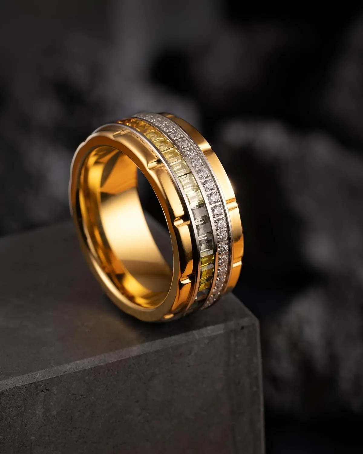 100S JEWELRY 10mm Gold Tungsten Rings For Men Rainbow & Clear CZ Moissanite Wedding Promise Band Size 6-16