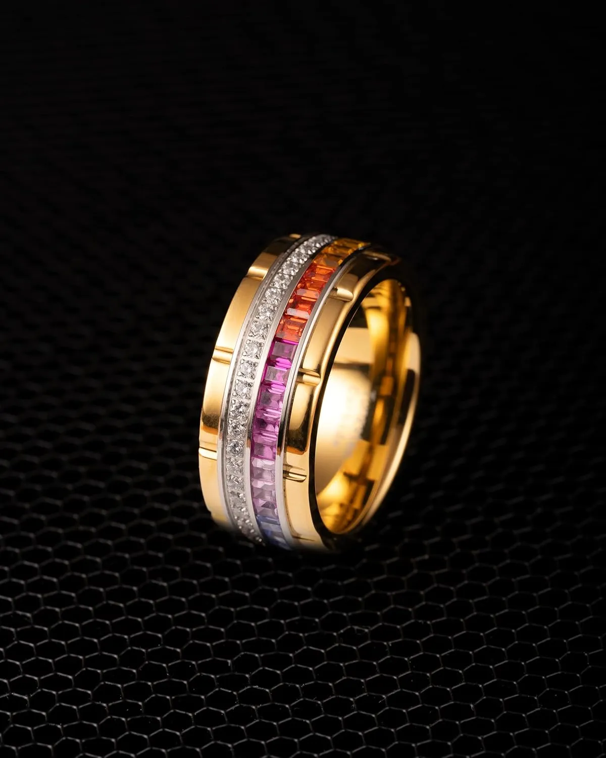 100S JEWELRY 10mm Gold Tungsten Rings For Men Rainbow & Clear CZ Moissanite Wedding Promise Band Size 6-16