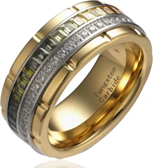 100S JEWELRY 10mm Gold Tungsten Rings For Men Rainbow & Clear CZ Moissanite Wedding Promise Band Size 6-16
