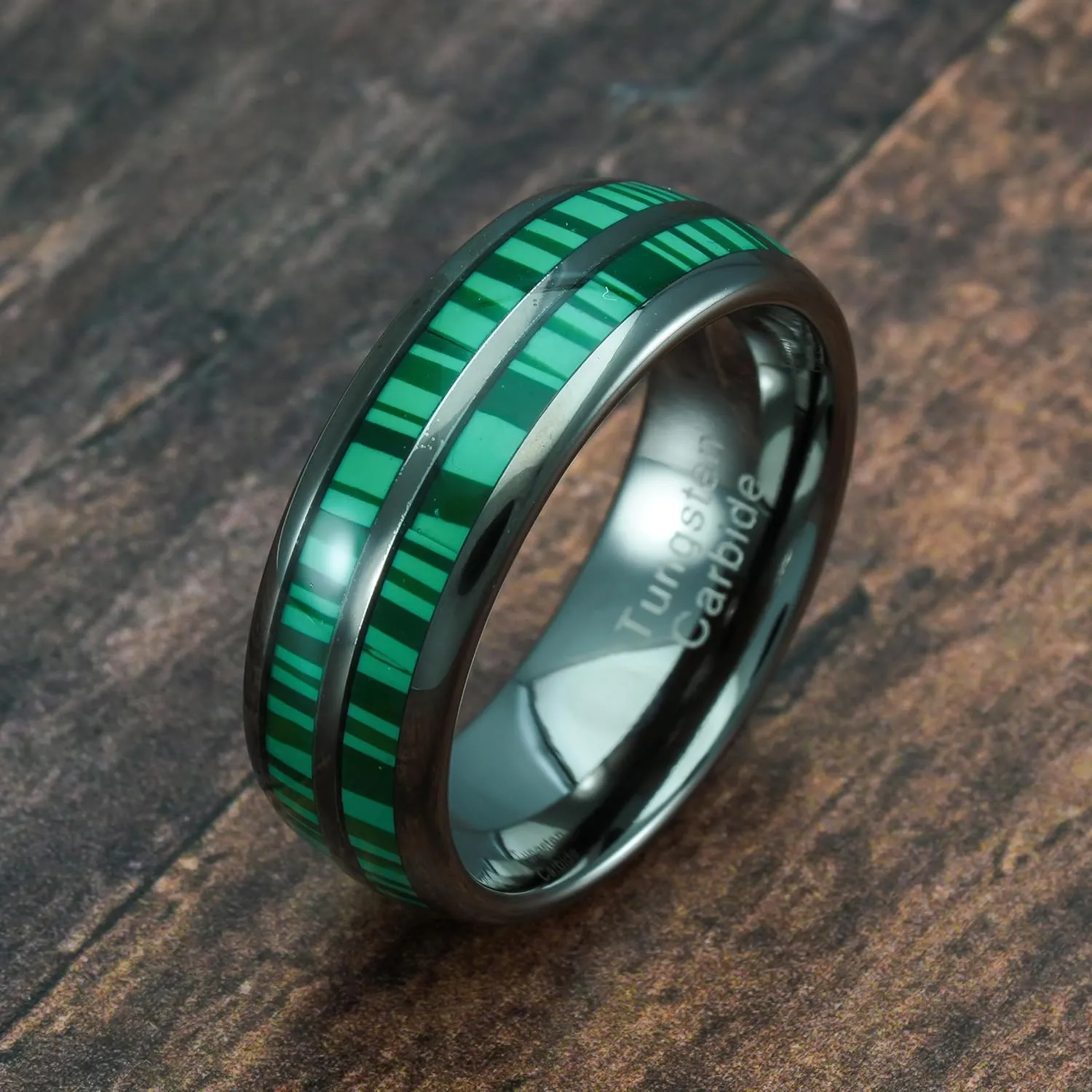 100S JEWELRY Engraved Personalized Gunmetal Tungsten Rings For Men Malachite Inlay Wedding Promise Band Size 6-16