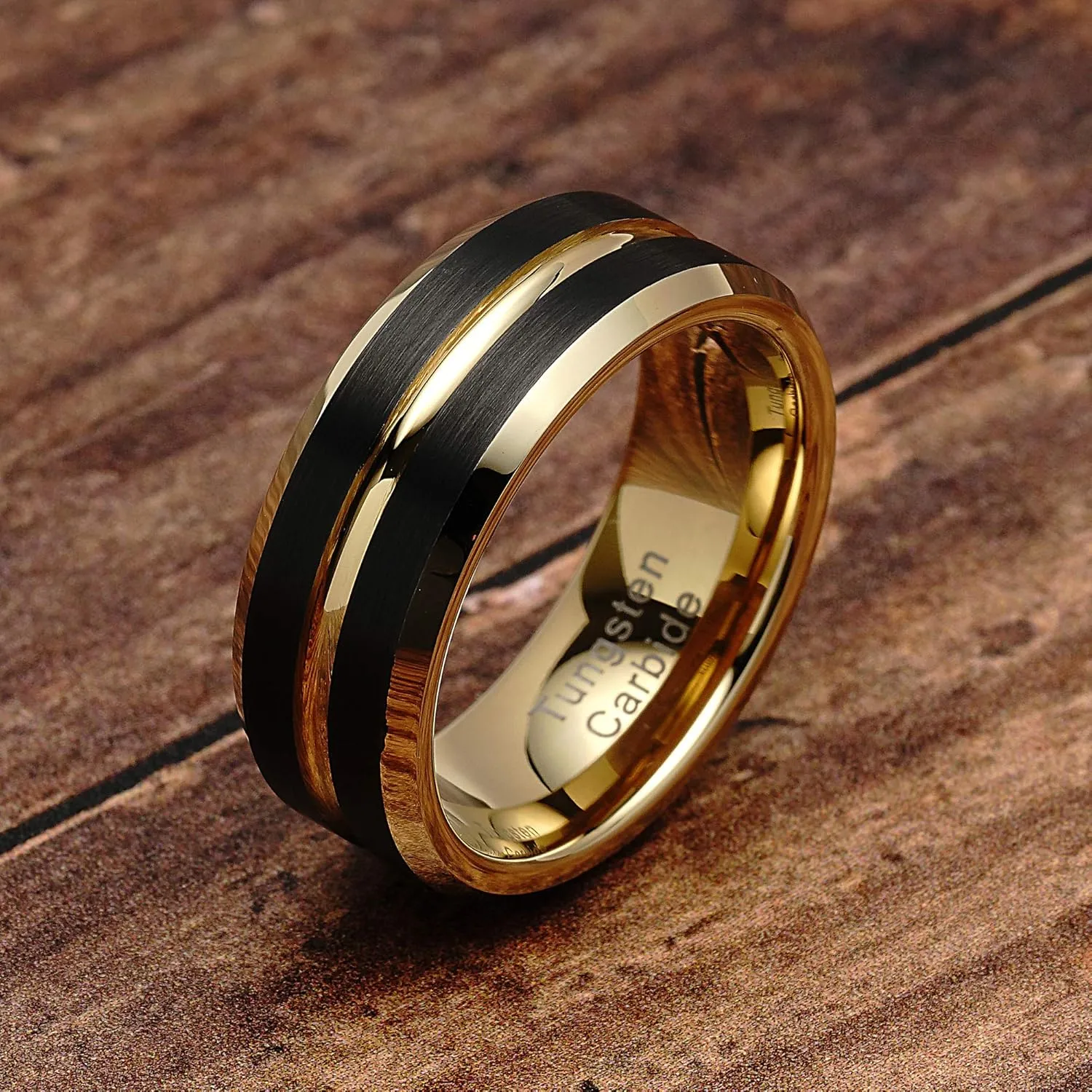 100S JEWELRY Engraved Personalized Tungsten Rings for Men's Wedding Bands Black Matte Gold Grooved Center Size 6-16