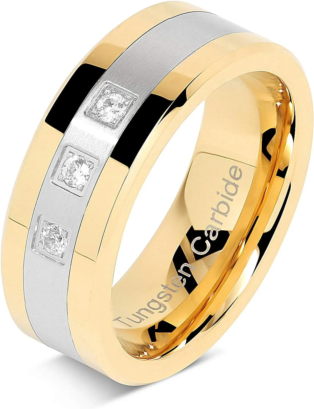 100S JEWELRY Tungsten Rings For Gold Silver Crystal Cubic Zirconia Wedding Bands Two Tone Three CZ Stone Promise Marriage Size 8-16