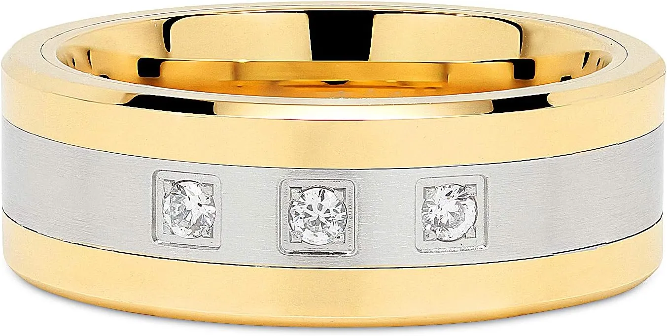 100S JEWELRY Tungsten Rings For Gold Silver Crystal Cubic Zirconia Wedding Bands Two Tone Three CZ Stone Promise Marriage Size 8-16