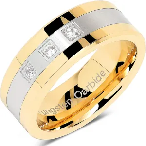 100S JEWELRY Tungsten Rings For Gold Silver Crystal Cubic Zirconia Wedding Bands Two Tone Three CZ Stone Promise Marriage Size 8-16