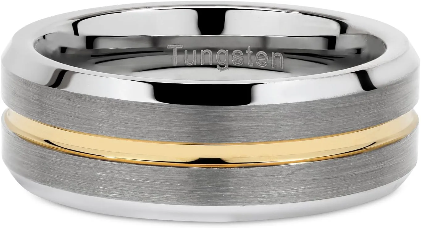 100S JEWELRY Tungsten Rings for Men Two Tone Silver Wedding Bands Gold Grooved Matte Finish Size 6-16