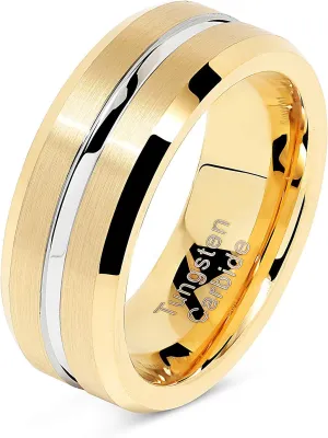 100S JEWELRY Tungsten Rings for Men's Gold Wedding Bands Silver Grooved Two Tone 8mm Wide Size 6-16