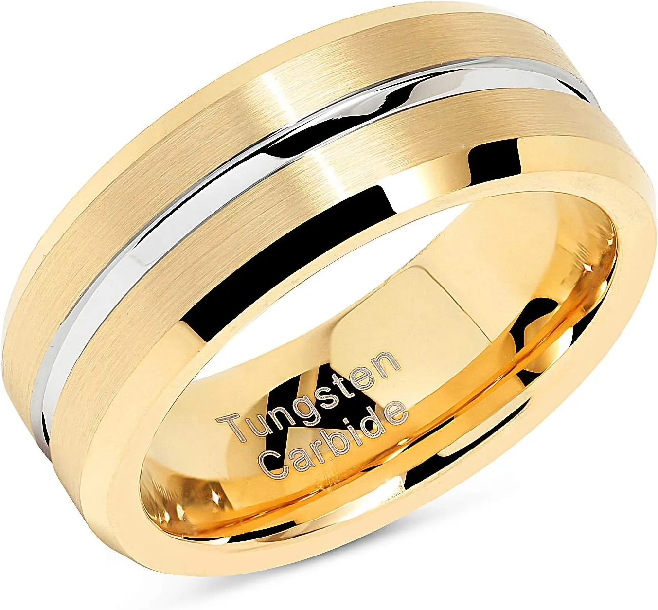 100S JEWELRY Tungsten Rings for Men's Gold Wedding Bands Silver Grooved Two Tone 8mm Wide Size 6-16