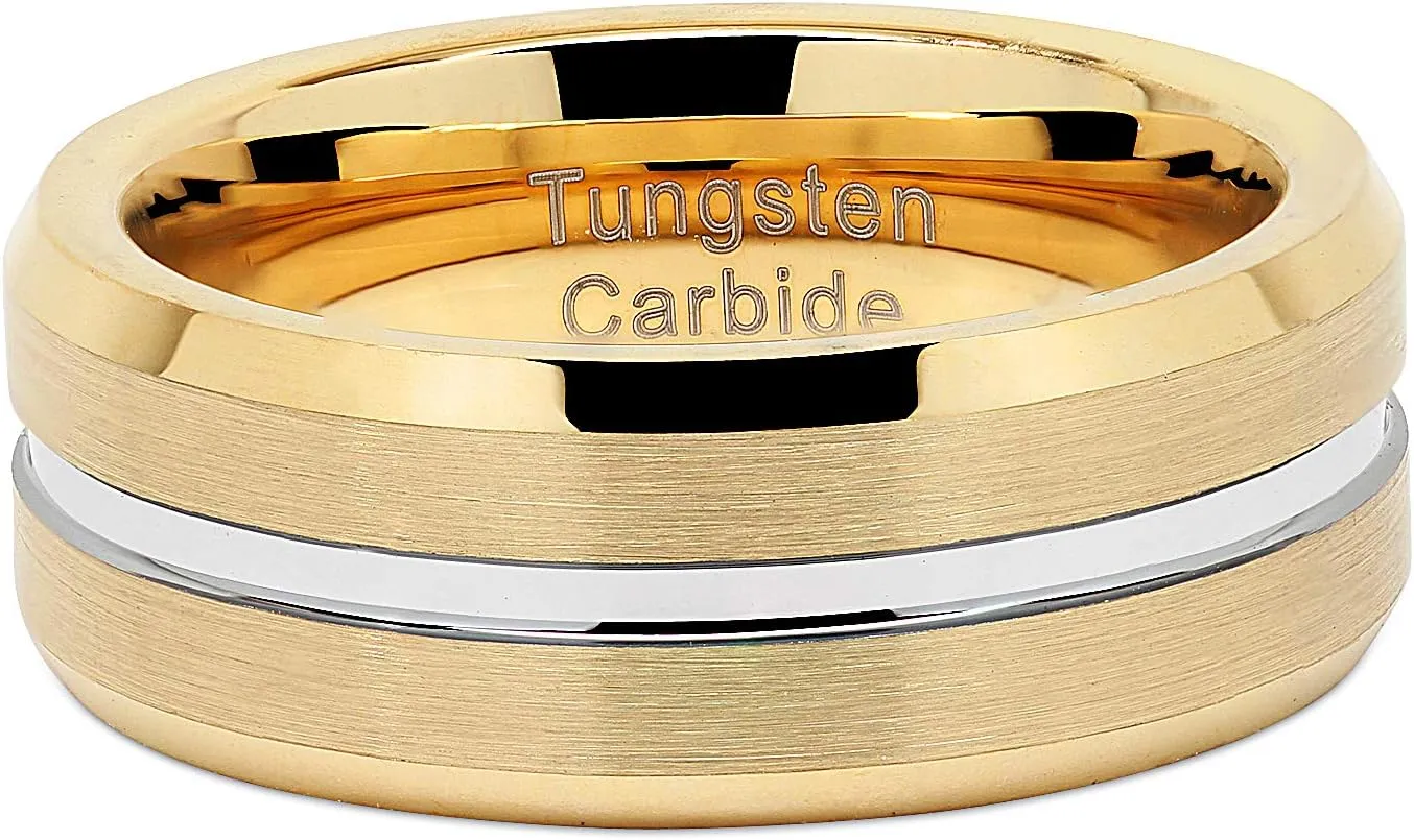 100S JEWELRY Tungsten Rings for Men's Gold Wedding Bands Silver Grooved Two Tone 8mm Wide Size 6-16