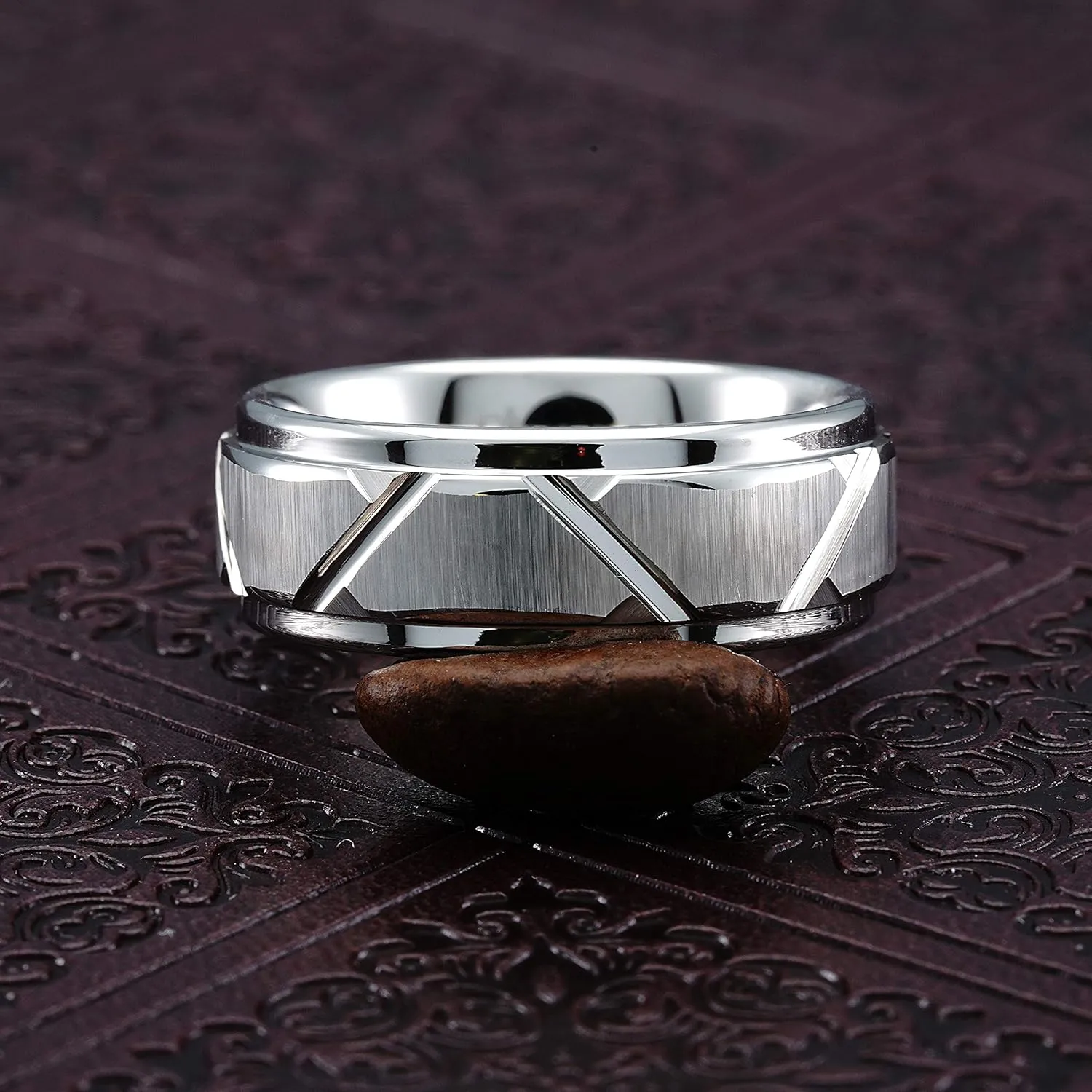 100S JEWELRY White Gold Tungsten Rings Angled Groove Lines Men Wedding Bands Step Edge Promise Engagement Size 6-16