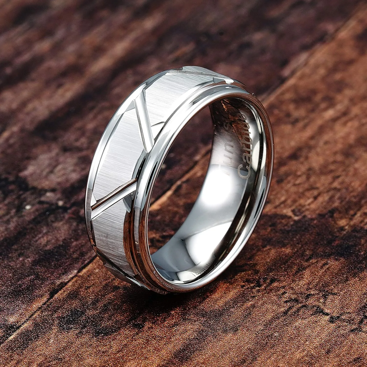 100S JEWELRY White Gold Tungsten Rings Angled Groove Lines Men Wedding Bands Step Edge Promise Engagement Size 6-16