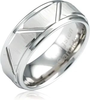 100S JEWELRY White Gold Tungsten Rings Angled Groove Lines Men Wedding Bands Step Edge Promise Engagement Size 6-16