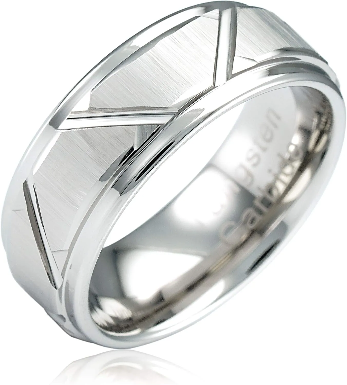 100S JEWELRY White Gold Tungsten Rings Angled Groove Lines Men Wedding Bands Step Edge Promise Engagement Size 6-16