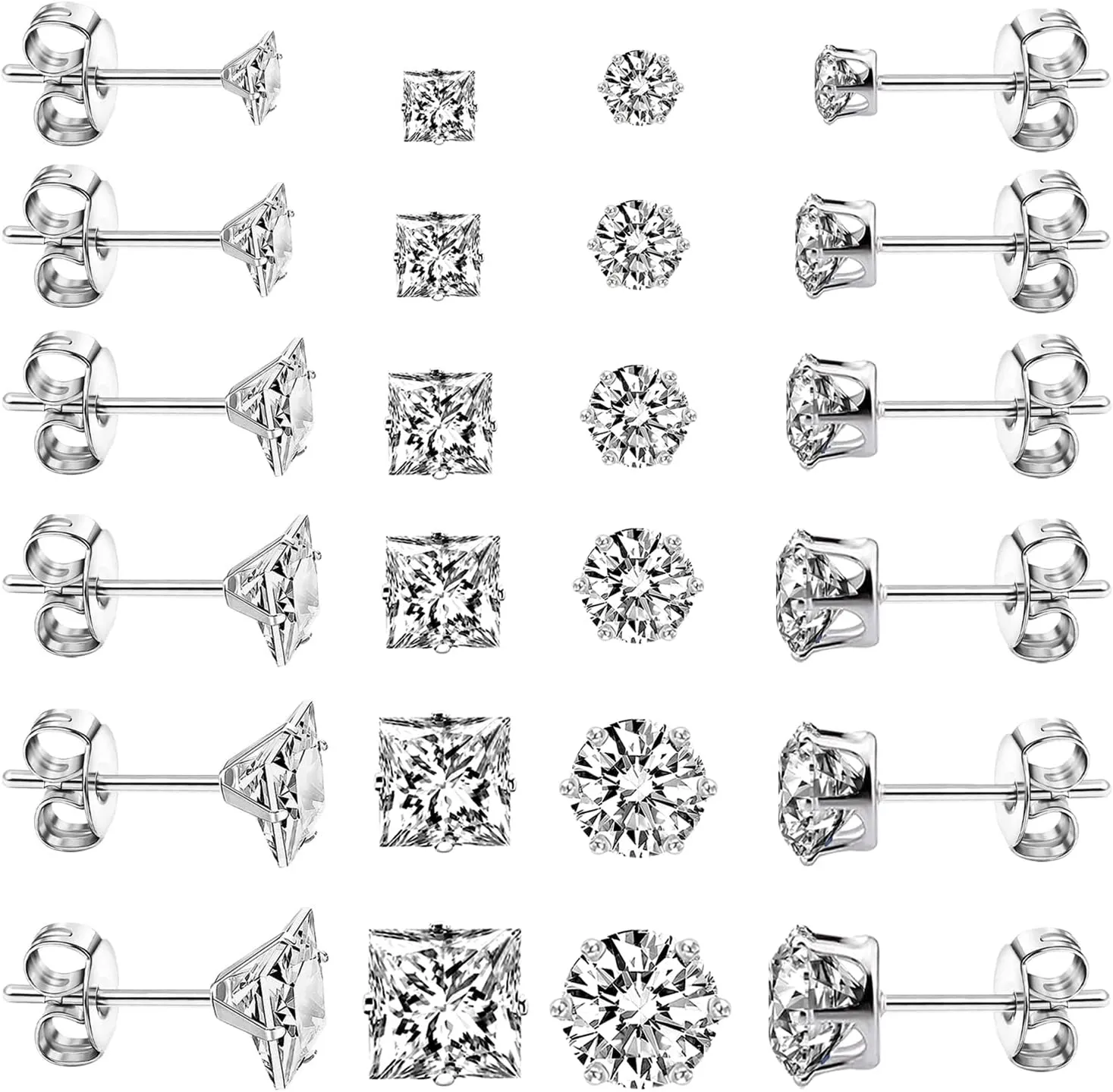 12 Pairs Stainless Steel Earrings for Women with Cubic Zirconia Small Stud Earrings for Men Hypoallergenic Tiny Studs Earrings Multipack Trendy Silver Small Stud Earrings