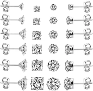 12 Pairs Stainless Steel Earrings for Women with Cubic Zirconia Small Stud Earrings for Men Hypoallergenic Tiny Studs Earrings Multipack Trendy Silver Small Stud Earrings