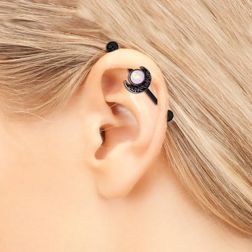 14G Opal Moon Industrial Barbell Earrings for Women Men Stainless Steel 38mm Long Industrial Cartilage Earrings Black Industrial Piercing Jewelry for Halloween