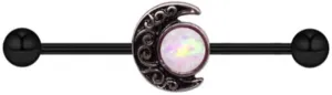 14G Opal Moon Industrial Barbell Earrings for Women Men Stainless Steel 38mm Long Industrial Cartilage Earrings Black Industrial Piercing Jewelry for Halloween