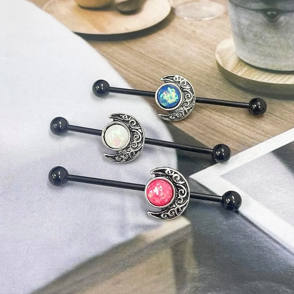 14G Opal Moon Industrial Barbell Earrings for Women Men Stainless Steel 38mm Long Industrial Cartilage Earrings Black Industrial Piercing Jewelry for Halloween