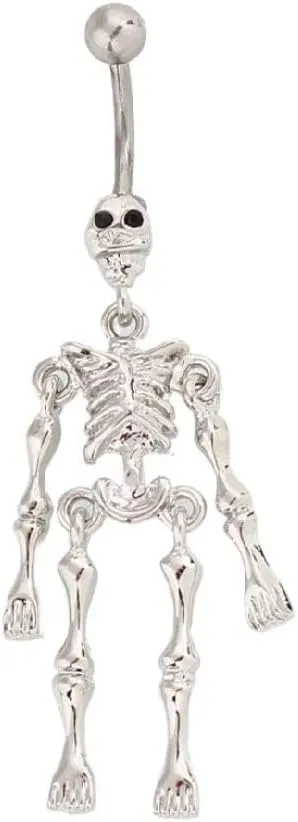 14G Silver Skeleton Dangle Belly Button Ring for Women Halloween Stainless Steel Belly Navel Ring Belly Piercing Jewelry