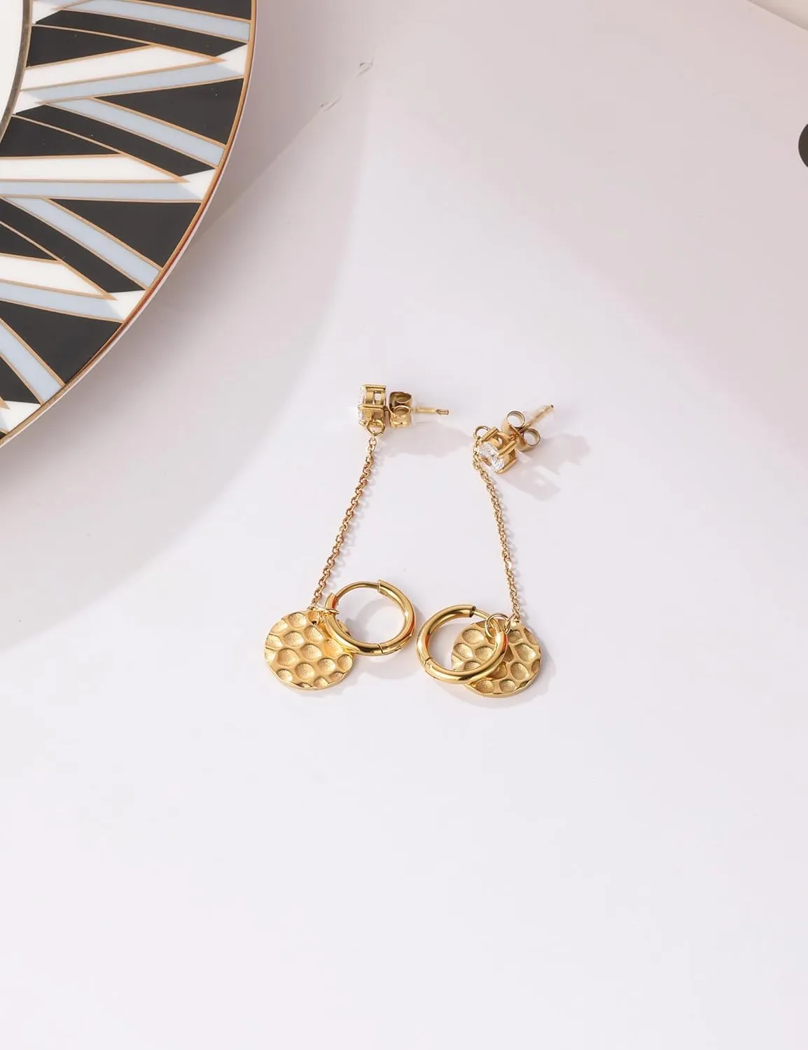 14K Gold Chain Earrings for Women - Double Piercing Dangle Chain, Detachable Huggie Hoop Earrings with Cubic Zirconia Studs & Anchor Dangle Design, 316L Surgical Steel Hypoallergenic Earrings.
