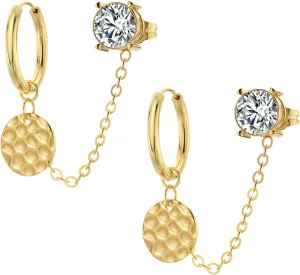 14K Gold Chain Earrings for Women - Double Piercing Dangle Chain, Detachable Huggie Hoop Earrings with Cubic Zirconia Studs & Anchor Dangle Design, 316L Surgical Steel Hypoallergenic Earrings.