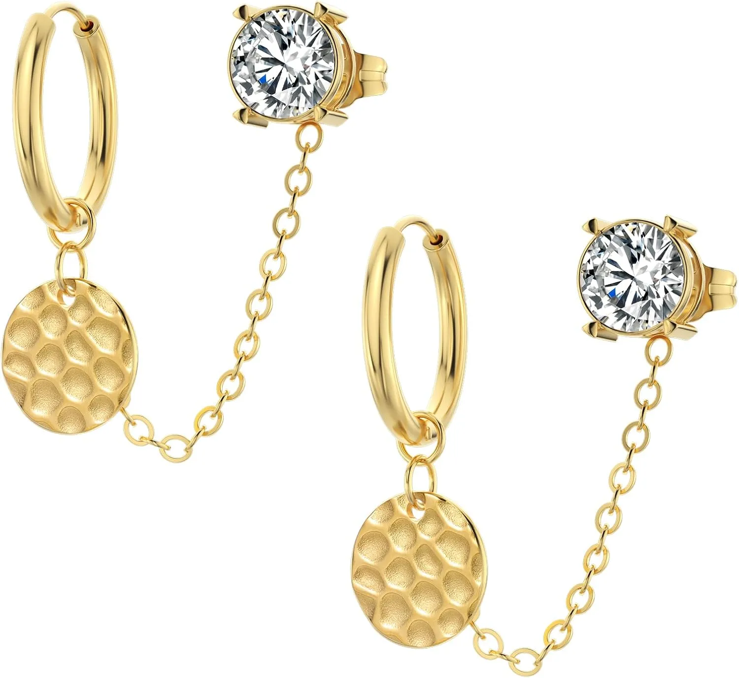 14K Gold Chain Earrings for Women - Double Piercing Dangle Chain, Detachable Huggie Hoop Earrings with Cubic Zirconia Studs & Anchor Dangle Design, 316L Surgical Steel Hypoallergenic Earrings.