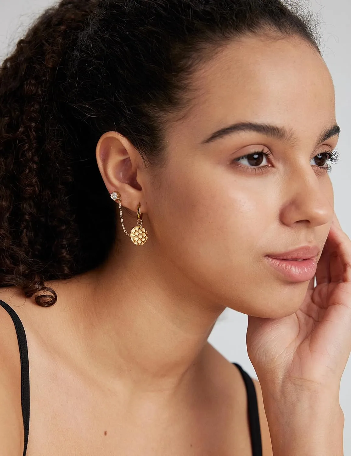14K Gold Chain Earrings for Women - Double Piercing Dangle Chain, Detachable Huggie Hoop Earrings with Cubic Zirconia Studs & Anchor Dangle Design, 316L Surgical Steel Hypoallergenic Earrings.