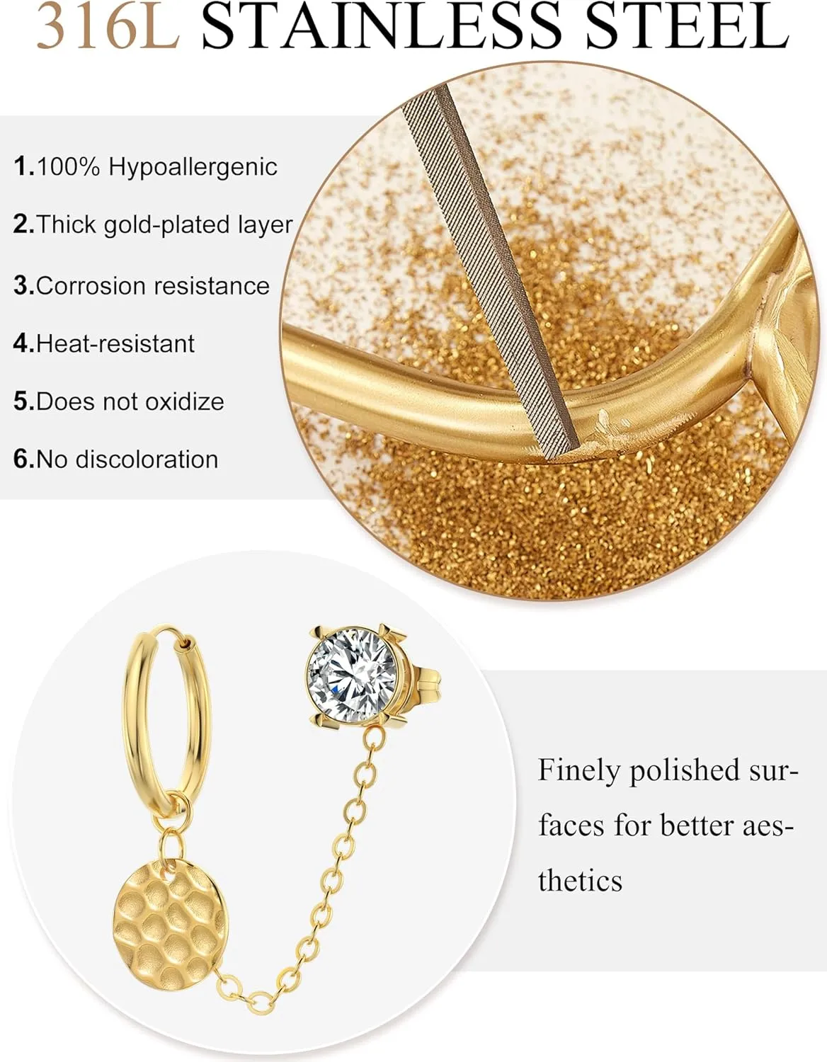 14K Gold Chain Earrings for Women - Double Piercing Dangle Chain, Detachable Huggie Hoop Earrings with Cubic Zirconia Studs & Anchor Dangle Design, 316L Surgical Steel Hypoallergenic Earrings.
