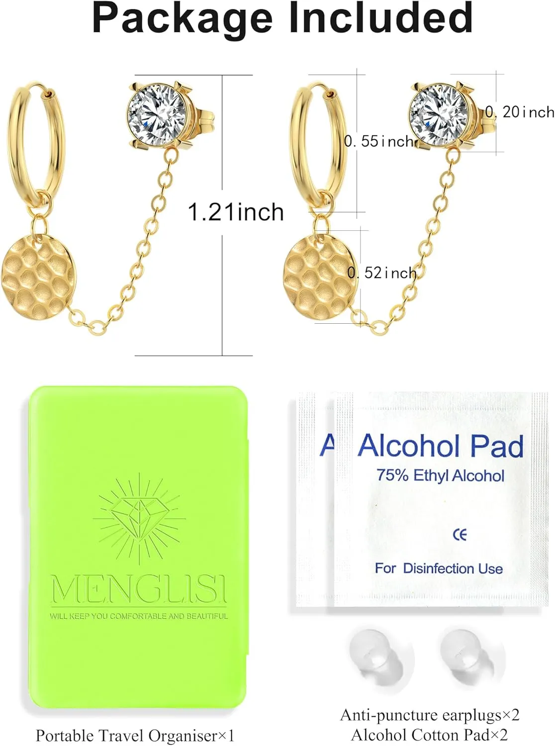 14K Gold Chain Earrings for Women - Double Piercing Dangle Chain, Detachable Huggie Hoop Earrings with Cubic Zirconia Studs & Anchor Dangle Design, 316L Surgical Steel Hypoallergenic Earrings.