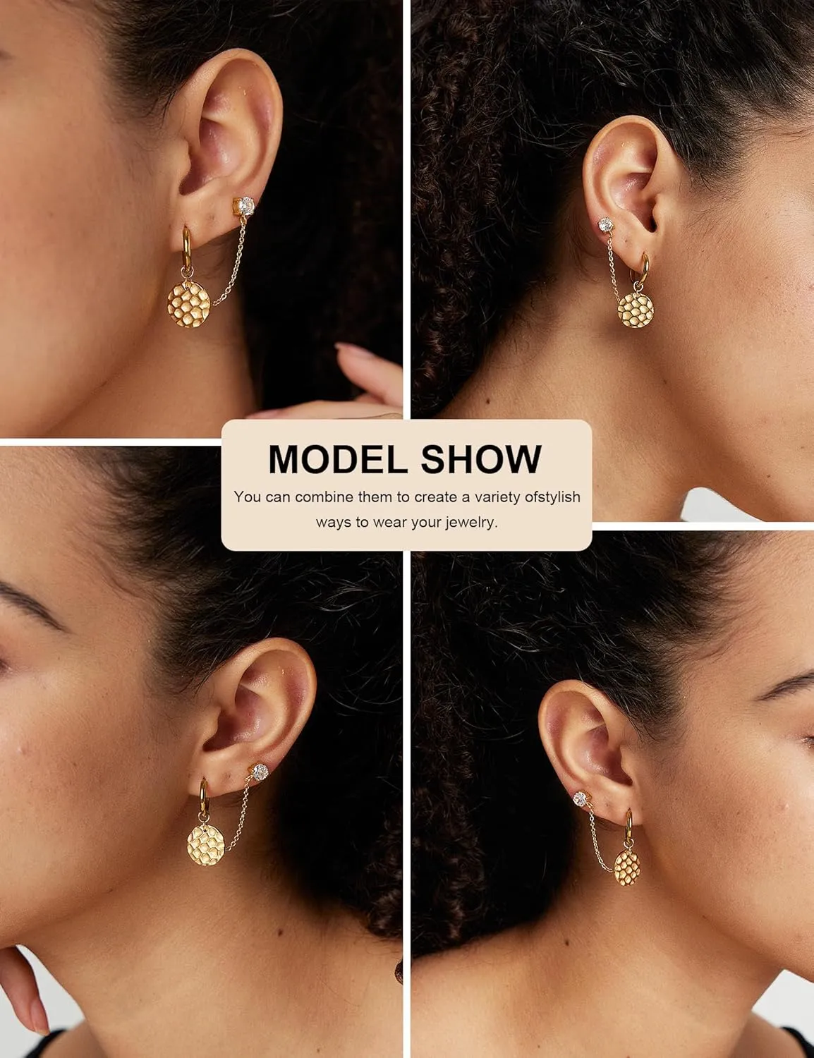 14K Gold Chain Earrings for Women - Double Piercing Dangle Chain, Detachable Huggie Hoop Earrings with Cubic Zirconia Studs & Anchor Dangle Design, 316L Surgical Steel Hypoallergenic Earrings.
