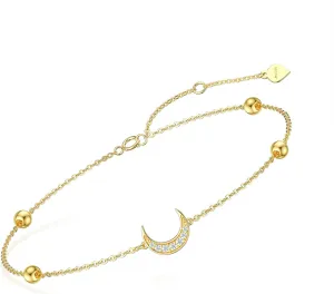 14K Gold Crescent Moon Diamond Bracelet for Women, Adjustable 6.5 1 1 Inch - Delicate Charm Jewelry