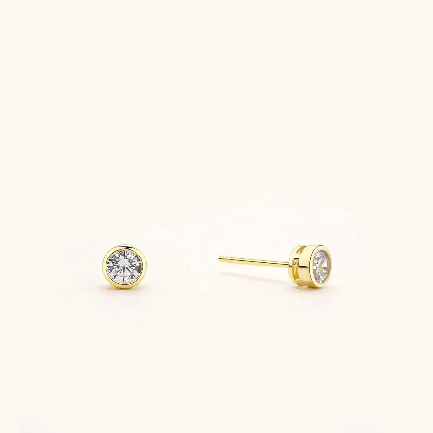 14K Gold Plated 925 Sterling Silver Cubic Zirconia Round Bezel Set Stud Earrings, 2mm to 4mm Stone