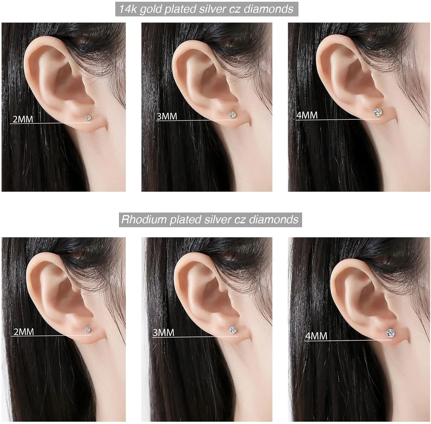 14K Gold Plated 925 Sterling Silver Cubic Zirconia Round Bezel Set Stud Earrings, 2mm to 4mm Stone