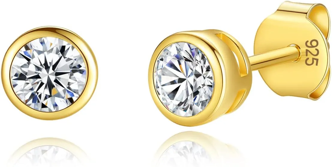 14K Gold Plated 925 Sterling Silver Cubic Zirconia Round Bezel Set Stud Earrings, 2mm to 4mm Stone