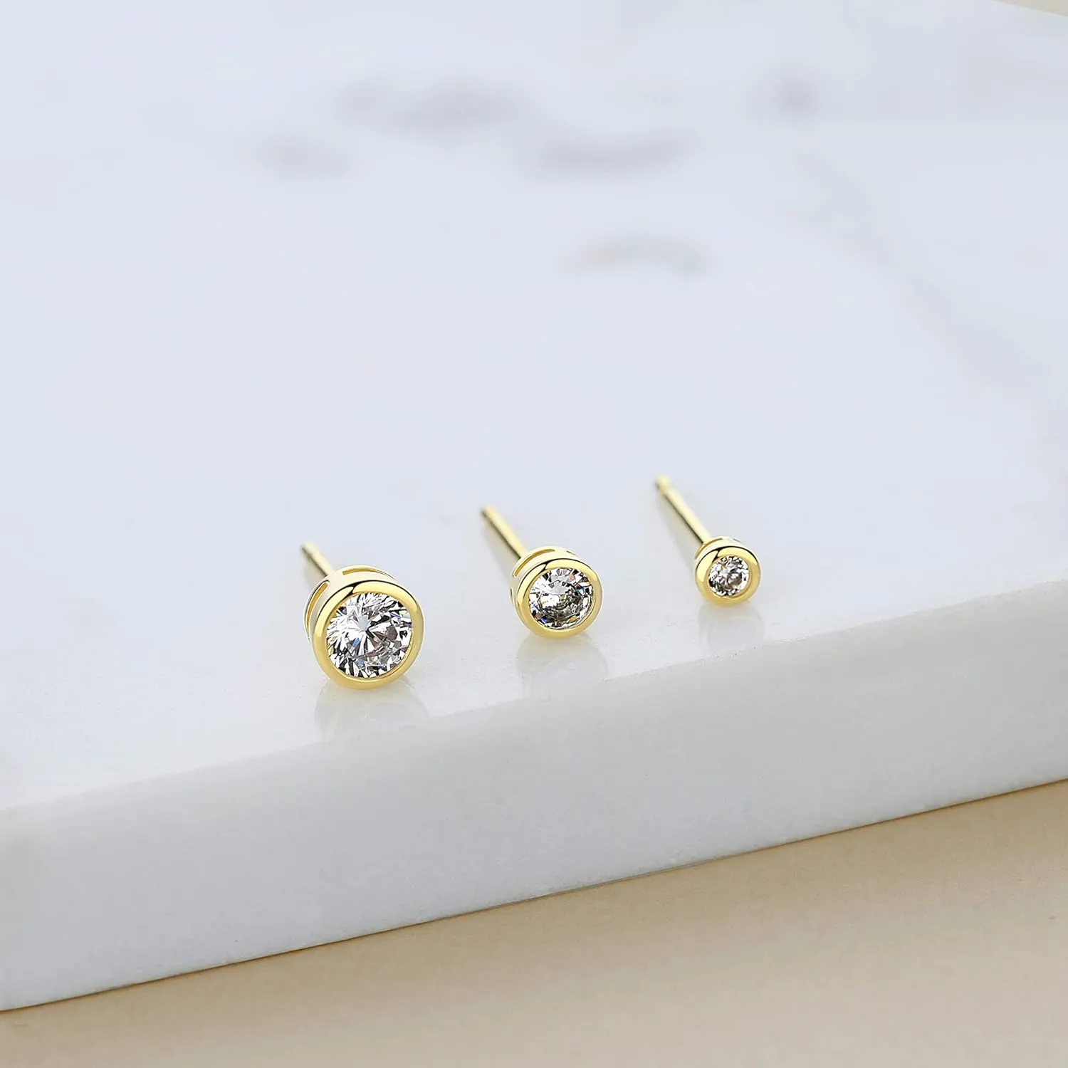 14K Gold Plated 925 Sterling Silver Cubic Zirconia Round Bezel Set Stud Earrings, 2mm to 4mm Stone
