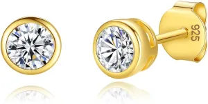 14K Gold Plated 925 Sterling Silver Cubic Zirconia Round Bezel Set Stud Earrings, 2mm to 4mm Stone