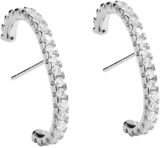 14K Gold Plated 925 Sterling Silver Paved Gemstone Post Minimalist Suspender Curved Ear Cuff Earring Wrap Earlobe Studs For Women Gift Anniversary, Birthday, Christmas, Wedding
